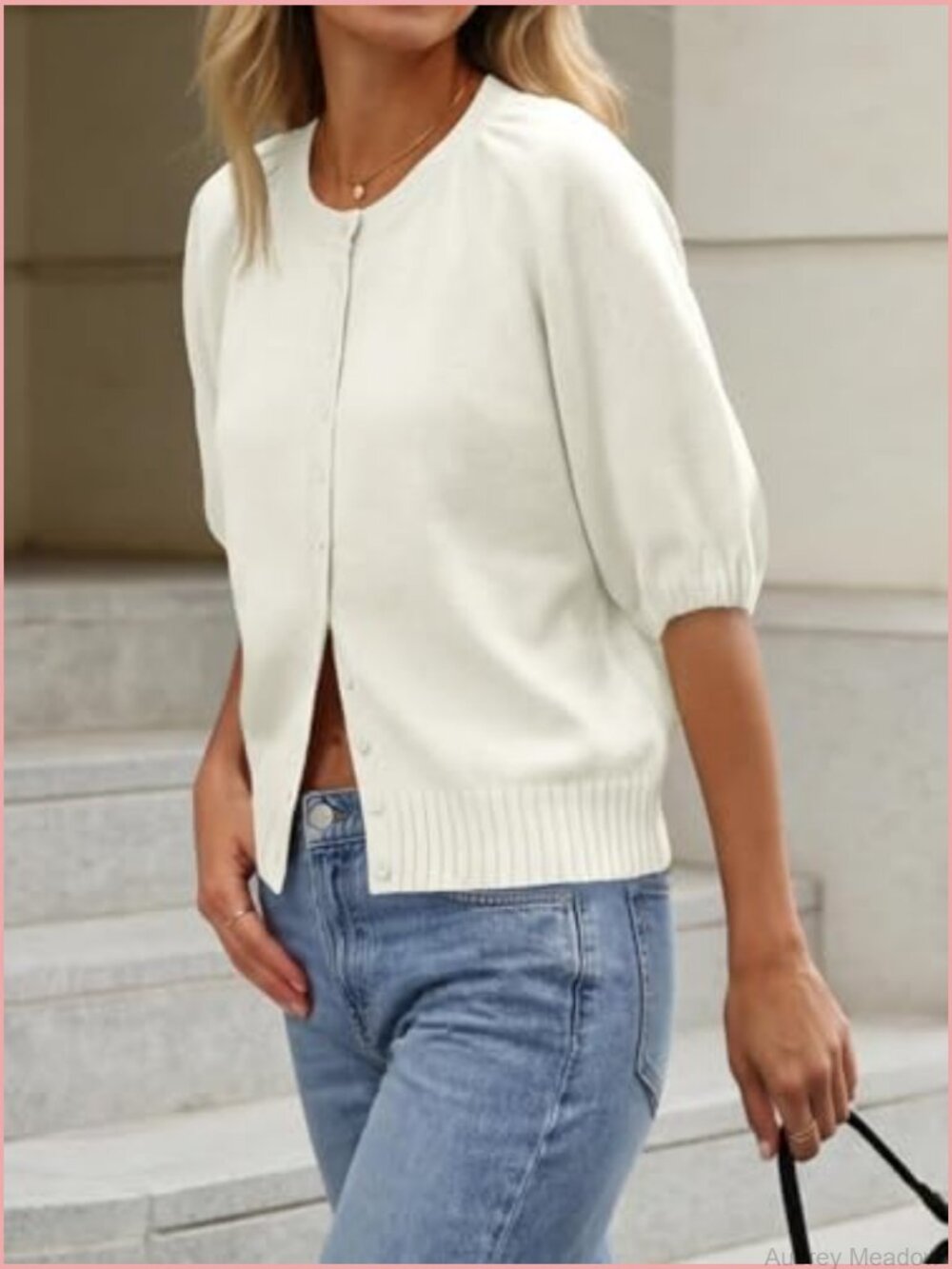 Short Sleeve Cardigan Lightweight Knit Crew Neck Button Down Sweater - Picture 5 of 7